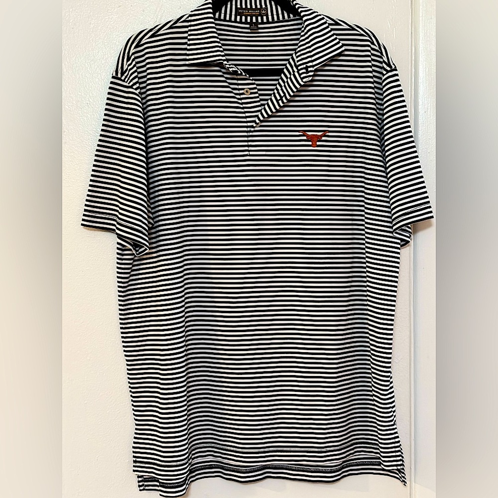 Peter Millar Polo Summer Comfort Black White Stripe with Long Horn Logo. SZ L